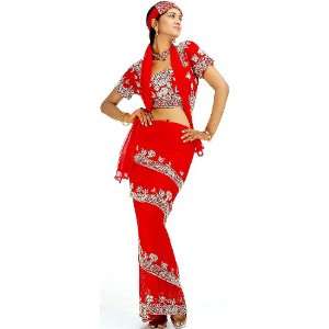 Red Wrap Around Four Piece Sari Suit with Heavy Sequins and Beadwork 