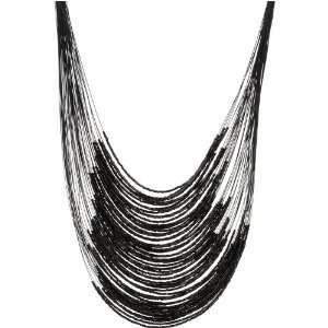   Black Multi Strand Bib Necklace with Gun Metal Bugle Beads Jewelry