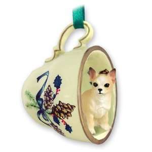  Chihuahua Green Holiday Tea Cup Dog Ornament   Fawn