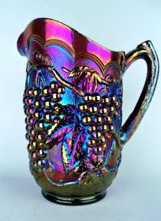   ANTIQUE* ELECTRIC PURPLE CARNIVAL GLASS PITCHER ~ LOTS OF BLUE  