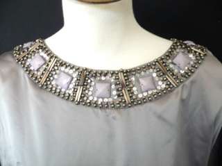 Gray Jeweled sequin Beaded Babydoll Satin Tunic Dress M  