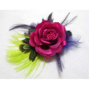   Colorful Pink Flower with Feathers Hair Clip and Pin 