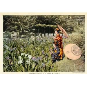  1921 Print Hori Kiri Japan Iris Garden Paper Umbrellas 