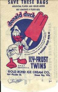 Donald Duck Twins Bag Gold Bond Ice Cream Green Bay,Wi.  