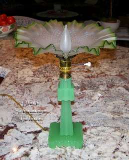Green Glass ART DECO Lamp w/Green Ruffled Shade  