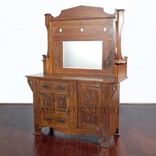 Antique Oak English Arts & Crafts Mirrorback Buffet Sideboard Server w 