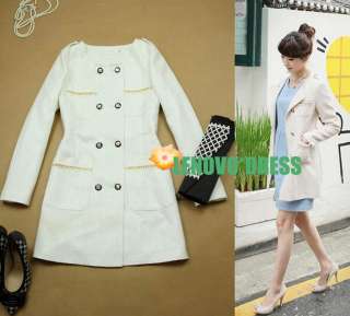   Classic Double Breasted Knit Style Long Coat White XS S M #TVA  