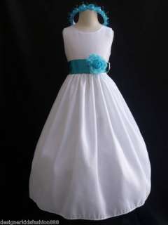 New JC white turquoise flower girl dress S M L 2 6 8 12  