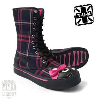 New Pink Tartan Canvas TUK Kitty Bow 10 Eye Boots 1 Platform Sole 