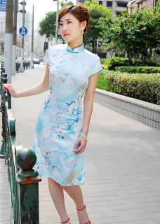 Chinese style blue satin Cheongsam Dress/Evening gown  