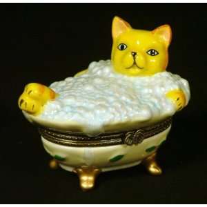  Cat Soaking Bubble Bath Tub Porcelain Hinged Trinket Box 