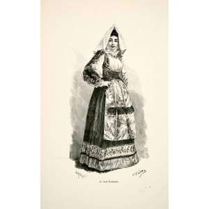  Wood Engraving Gaston Vuillier Gala Costume Woman Traditional Dress 