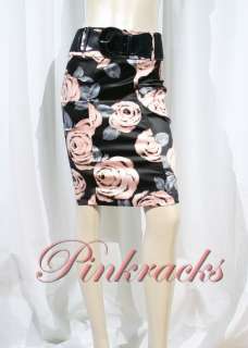New Floral Belted Satin Non Stretch Pencil Skirt  