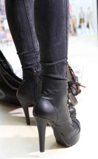 Ladies Stud Belt High Heels Platform Lace up Black Fashion ankle Boots 