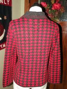 Pendleton Red Gray PM Houndstooth Zip Front Wool Cardigan Sweater 