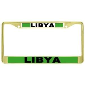 Libya Libyan Flag Gold Tone Metal License Plate Frame Holder