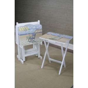 Set Of Four Beach Destination Tv Trays With Stand  Kitchen 