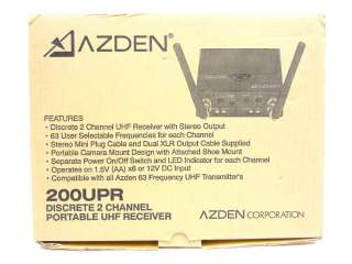 AZDEN 200UPR DISCRETE 2CH PORTABLE WIRELESS UHF RECEIVER W/ 2X 10BT 