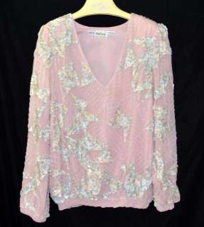 Vintage Oleg Cassini by He Ro Ind Pale Pink Silk Top with Beads 
