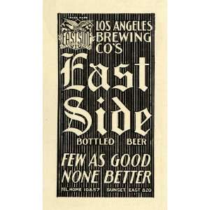 1912 Ad Los Angeles Brewing East Side Bottled Beer   Original Print Ad