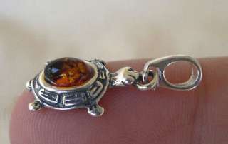 BALTIC HONEY or GREEN AMBER & STERLING SILVER TURTLE PENDANT CHARM 