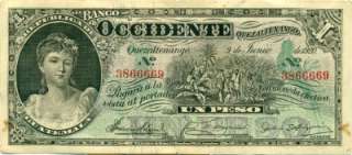 This is a Rare 1920 Un Peso El Banco de Occidente Quezaltenango June 