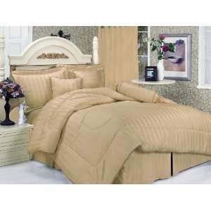    7Pcs Queen Taupe Stripe Bed in a Bag Comforter Set