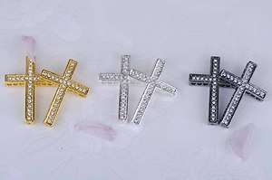 2pc Curved Side Ways CZ Crystal Cross Bracelet Connector Charm Beads 