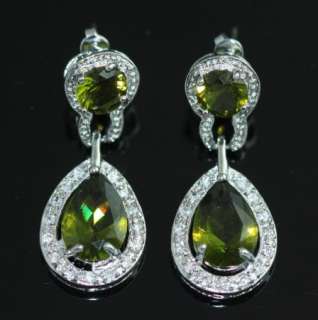   GREEN CRYSTAL SILVER PLATED BRIDAL PROM BEAUTY PAGEANT EARRINGS  