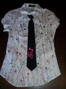pink skull tie paint splat Abbey Dawn button shirt Sz M  