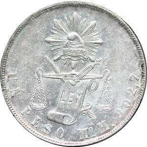 Mexico $1 Peso Mo 1872/1 M, Mexico. Overdate. AU+   UNC  