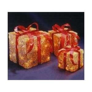  Set of 3 Sparkling Gold Sisal Gift Boxes Lighted Christmas 