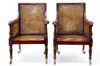 PAIR OF REGENCY STYLE BERGERE CHAIRS WITH LEATHER SEATS AND BACKS 