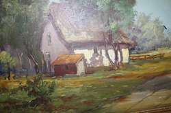   Painting Holland Landscape Thatch Cottage Roof Dirt Path Signed  