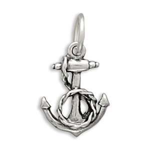  3 D Anchor and Rope Charm in Solid .925 Sterling Silver 