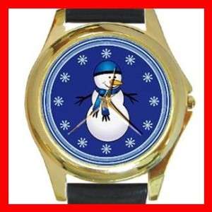 Blue Snowman And Snowflakes Snow Flakes Round Gold Metal Watch New 