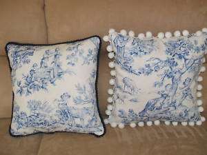 Blue White French Country Children Toile Fabric Pillow  