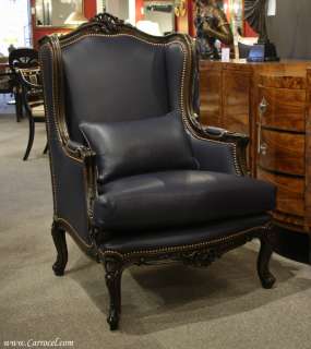 Library Office Carved Blue Leather Living Room Wing Parlor Arm Chair 