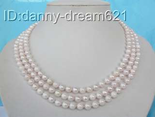 Elegant 3strands round white Akoya saltwater pearls necklace14K  