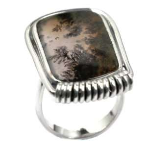 Moss Agate Sterling Silver One of a Kind Rectangular Ring Size 7
