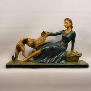 530 Vintage ART DECO WOMAN with BORZOI / GREYHOUND in Plaster  