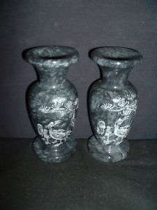 TWO(2)@A PAIR OF SWIRLED GRAY MARBLE VASES@ETCHING@  