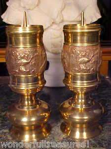 BEAUTIFUL Antique Brass Candle Holders COPPER REPOUSSE Band w PEACOCKS 