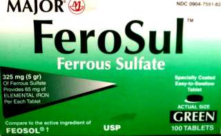 FEROSUL FERROUS SULFATE IRON SUPPLEMENT HIGH POTENCY 65mg 100 TABLETS 