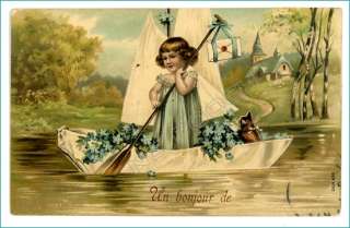 vintage postcard pretty girl & cat sail boat w flowers  