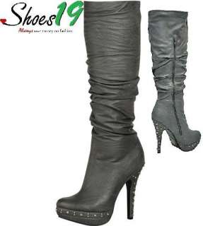 Grey size 9 Platform Studs Knee High Heel Pu Leather Women Dress Boots 