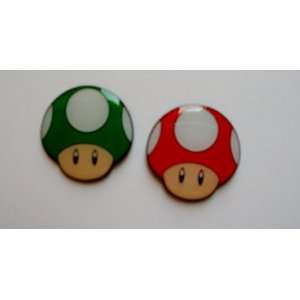  2 Super Mario Red & Green Mushroom Metal Pin Badge Set 