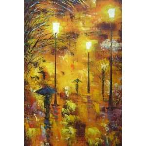 Walking On Rainy Day Street at Night Oil Painting 36 x 24 inches 