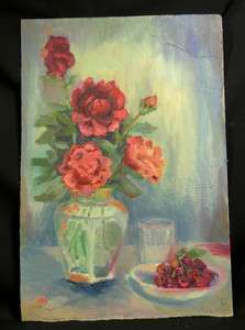 ANTIQUE STILL LIFE ROSES FLOWERS VASE CHERRIES PLATE CUP OIL PAINTING 