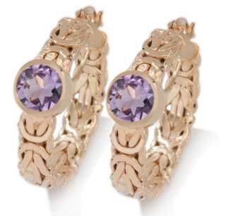 Natural Gemstone Byzantine Hoop Earrings 14K Gold Clad Silver Amethyst 
